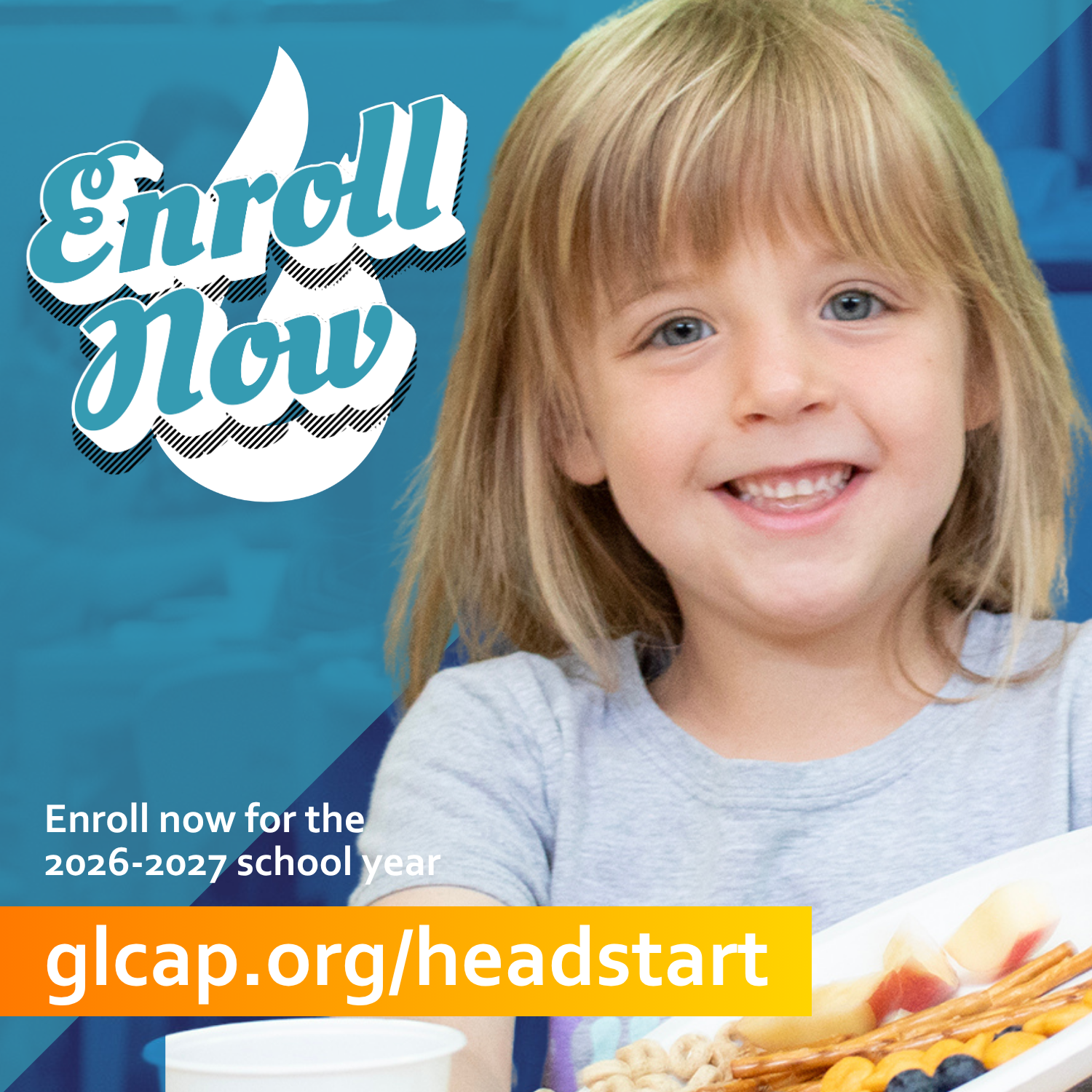 Head Start enrollment graphic with preschool student holding plate of snacks